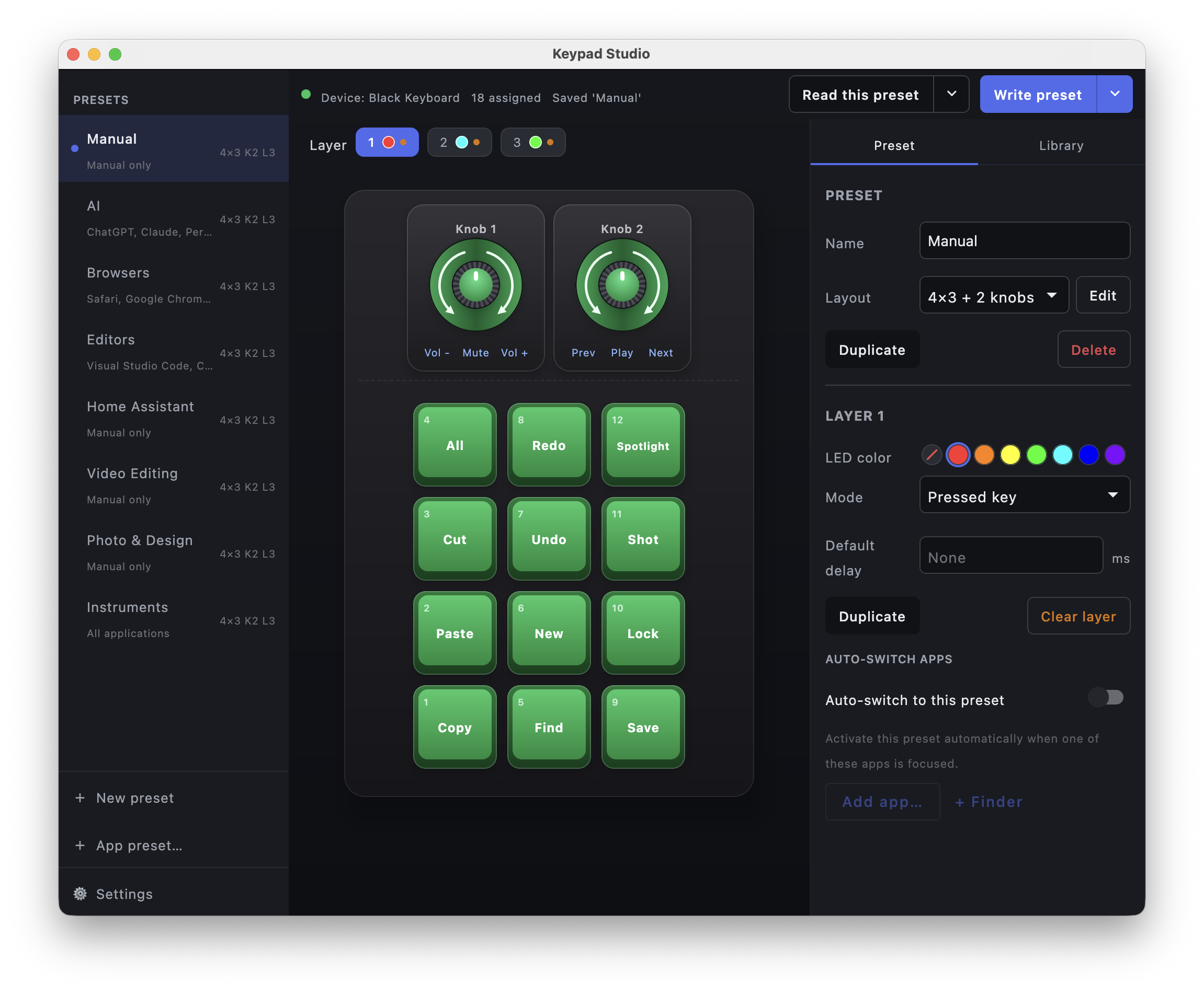 Keypad Studio — Manual preset with editing shortcuts mapped across the key grid