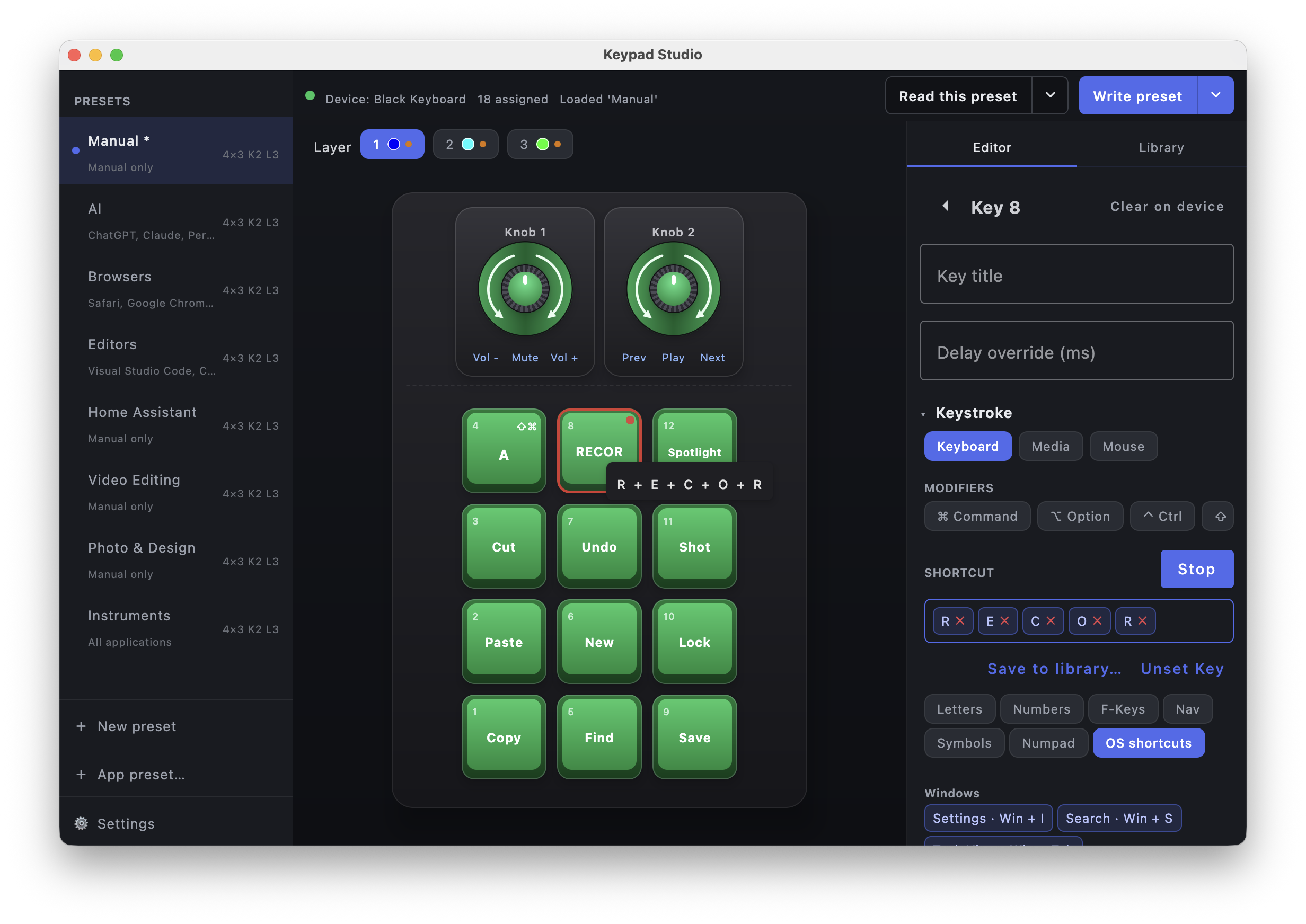 Keypad Studio — Browsers preset with tab and navigation controls